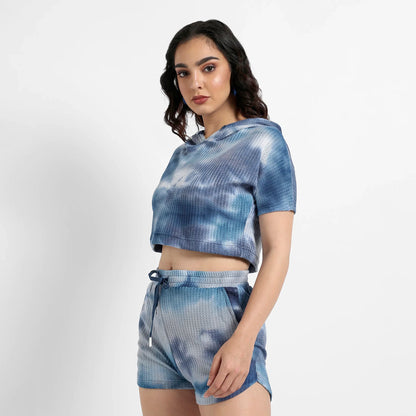Navy Blue Waffle-Textured Cropped Co-Ord Set