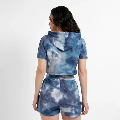 Navy Blue Waffle-Textured Cropped Co-Ord Set