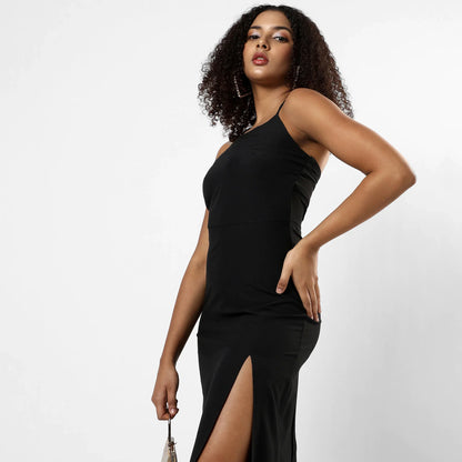 Solid Black Slit Dress