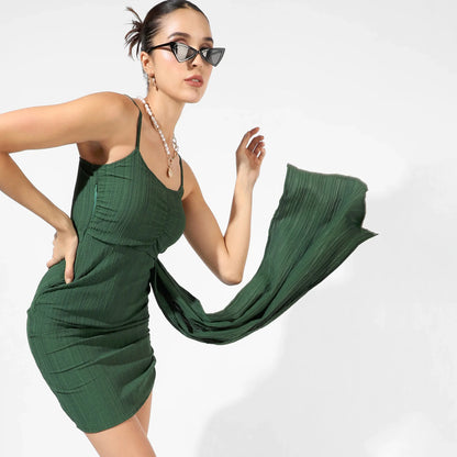 Solid Forest Green Ruched Mini Dress With Trail