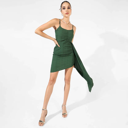 Solid Forest Green Ruched Mini Dress With Trail