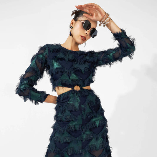 Green & Blue Cutout Fringe Dress