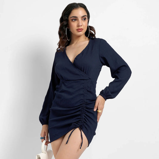 Solid Navy Blue Mini Dress With Ruched Detail