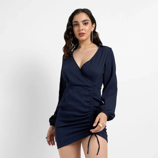Solid Navy Blue Mini Dress With Ruched Detail