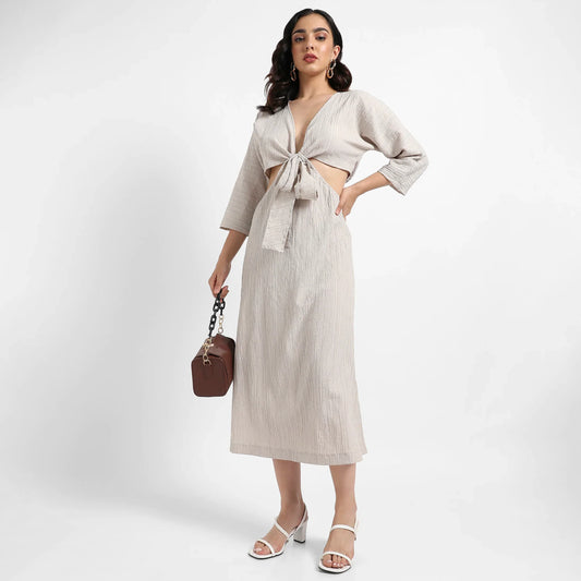Solid Greige Dress With Tie-Up Cutout Detail