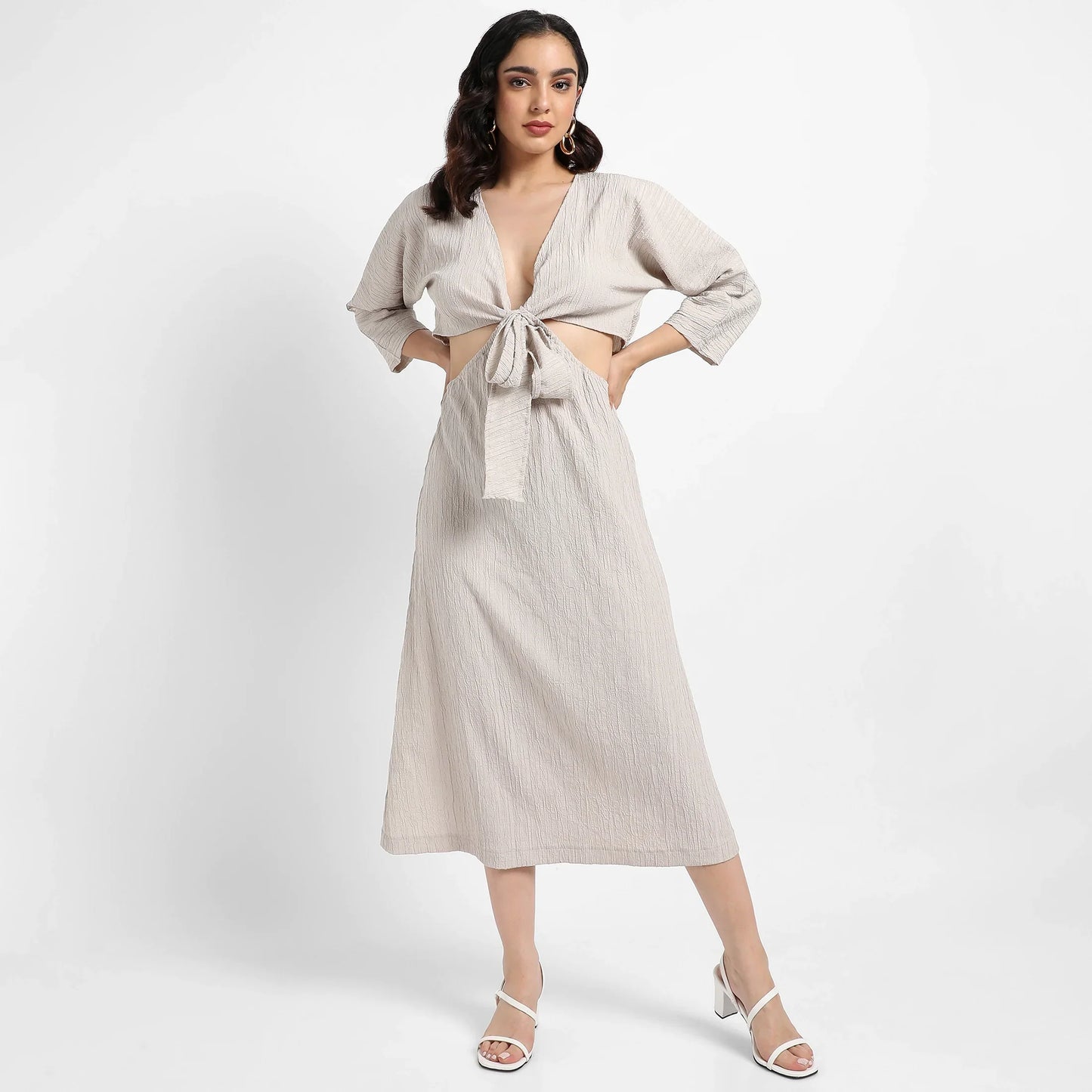 Solid Greige Dress With Tie-Up Cutout Detail