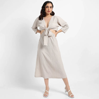 Solid Greige Dress With Tie-Up Cutout Detail