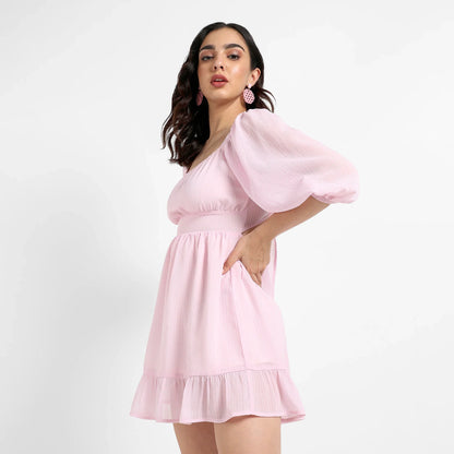 Solid Baby Pink Balloon Sleeve Dress
