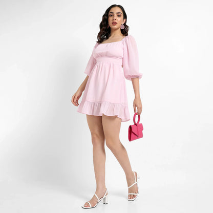 Solid Baby Pink Balloon Sleeve Dress