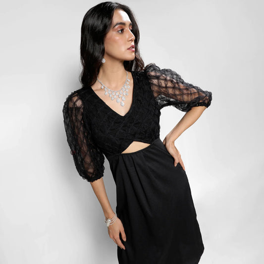Carbon Black Cut-Out Dress With Sheer Detail