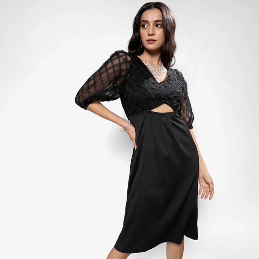 Carbon Black Cut-Out Dress With Sheer Detail