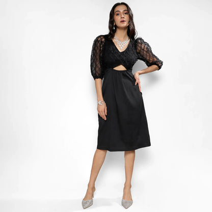 Carbon Black Cut-Out Dress With Sheer Detail