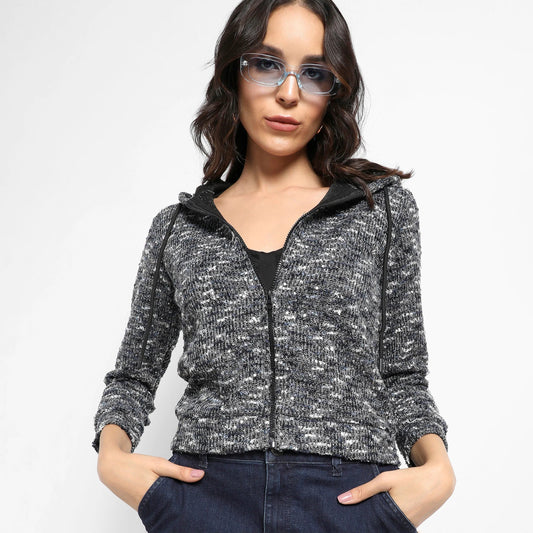 Charcoal Grey Textured Hoodie With Zip-Closure