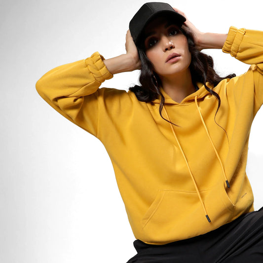 Mustard Yellow Oversized Basic Hoodie With Kangaroo Pocket