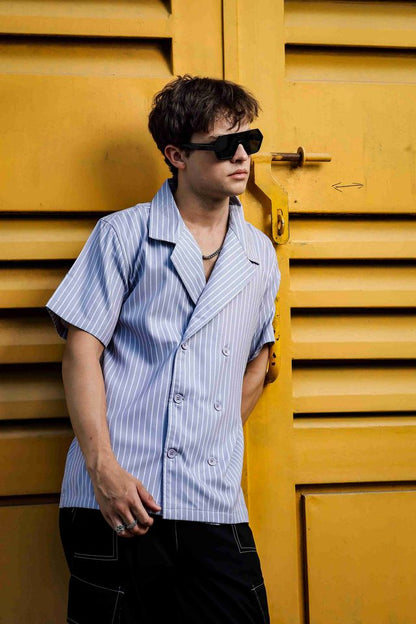 Textured Grey Stripe Korean Notched Lapel Collar Resort Shirt