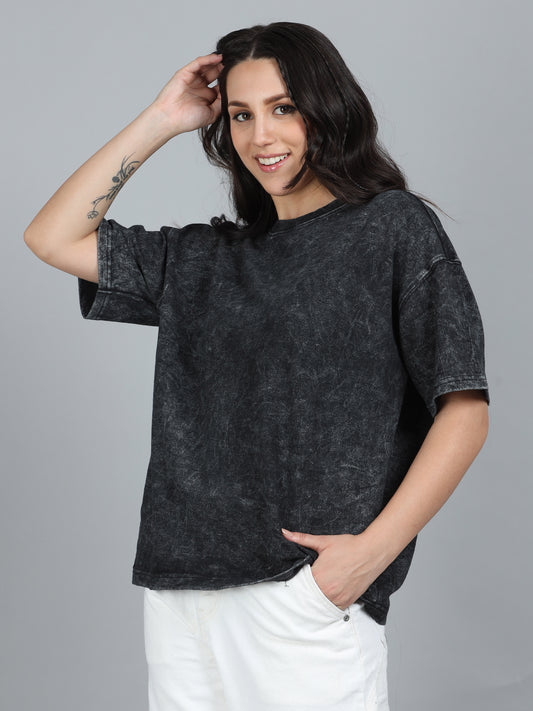 Women's Black Solid Knitted Oversized T-Shirt