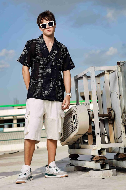 Linen Blend Black Korean Notched Lapel Collar Resort Shirt