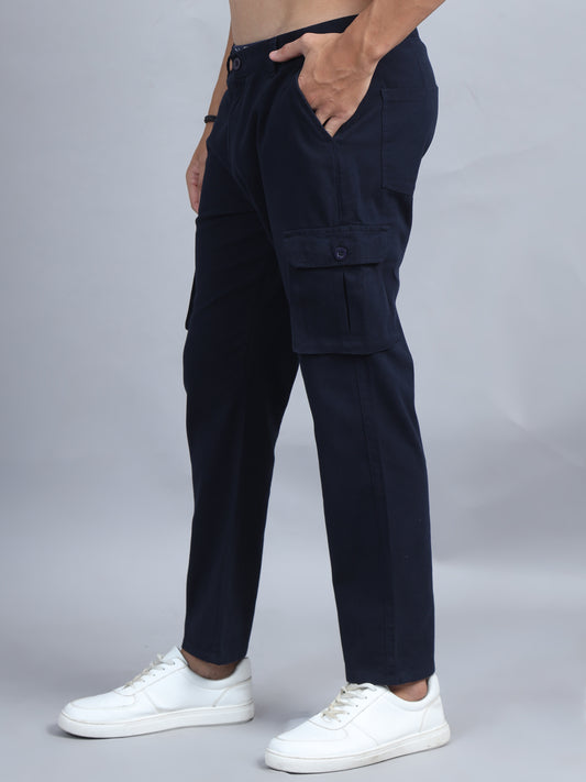 Men's Navy Blue Regular Fit Solid Cotton Cargo Trousers
