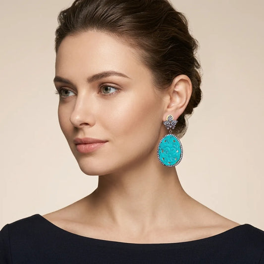 Turquoise Crystal Floral Drop Earrings For Women