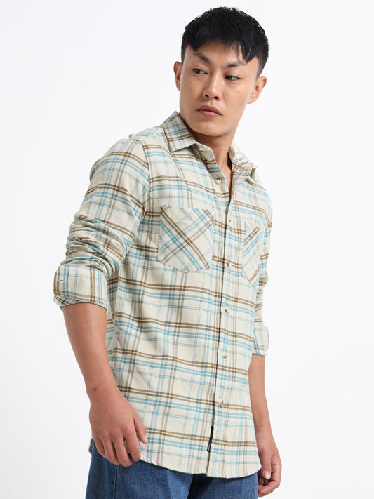 Men's Cream Tartan Checks Regular Fit Shirt