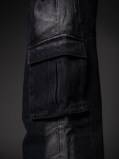 Back view of relaxed fit worn-look jeans showing mid-rise waist and pockets.