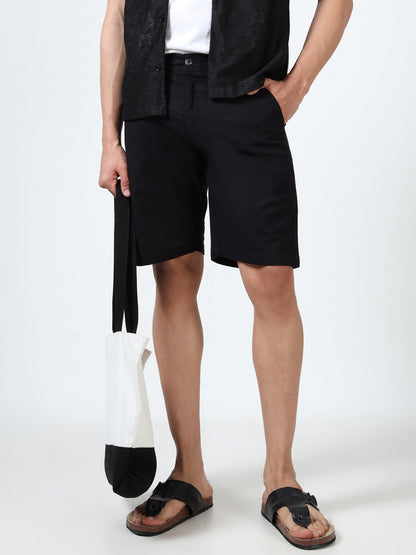 Men's Black Regular Fit Solid Linen Shorts