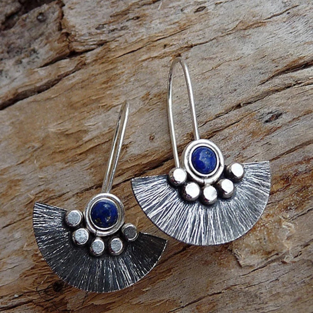 Bohemian Silver Fan Earrings with Lapis Lazuli Stone Accent jlt11601 Just Lil Things
