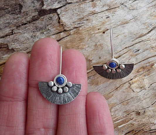 Bohemian Silver Fan Earrings with Lapis Lazuli Stone Accent jlt11601 Just Lil Things