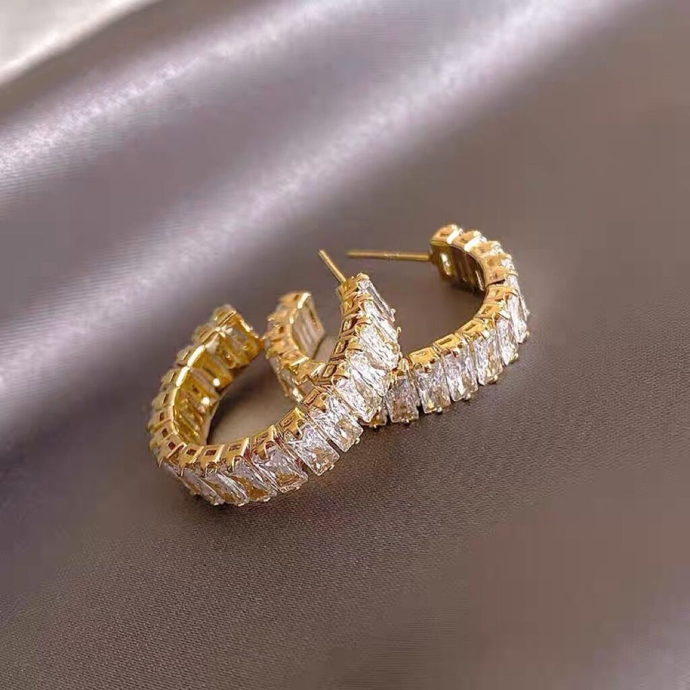 Gold Hoop Earrings with Baguette-Cut Crystals JLT11723 Just Lil Things
