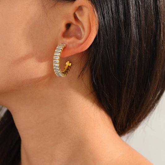 Gold Hoop Earrings with Baguette-Cut Crystals JLT11723 Just Lil Things