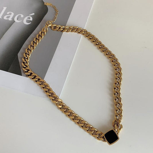 Chunky Cuban Link Necklace with Black Pendant Bold Statement Jewelry jltn0577