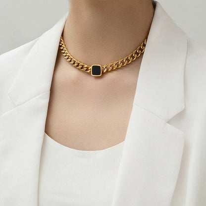 Chunky Cuban Link Necklace with Black Pendant – Bold Statement Jewelry jltn0577 Just Lil Things