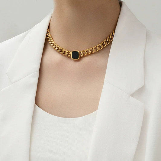 Chunky Cuban Link Necklace with Black Pendant – Bold Statement Jewelry jltn0577 Just Lil Things