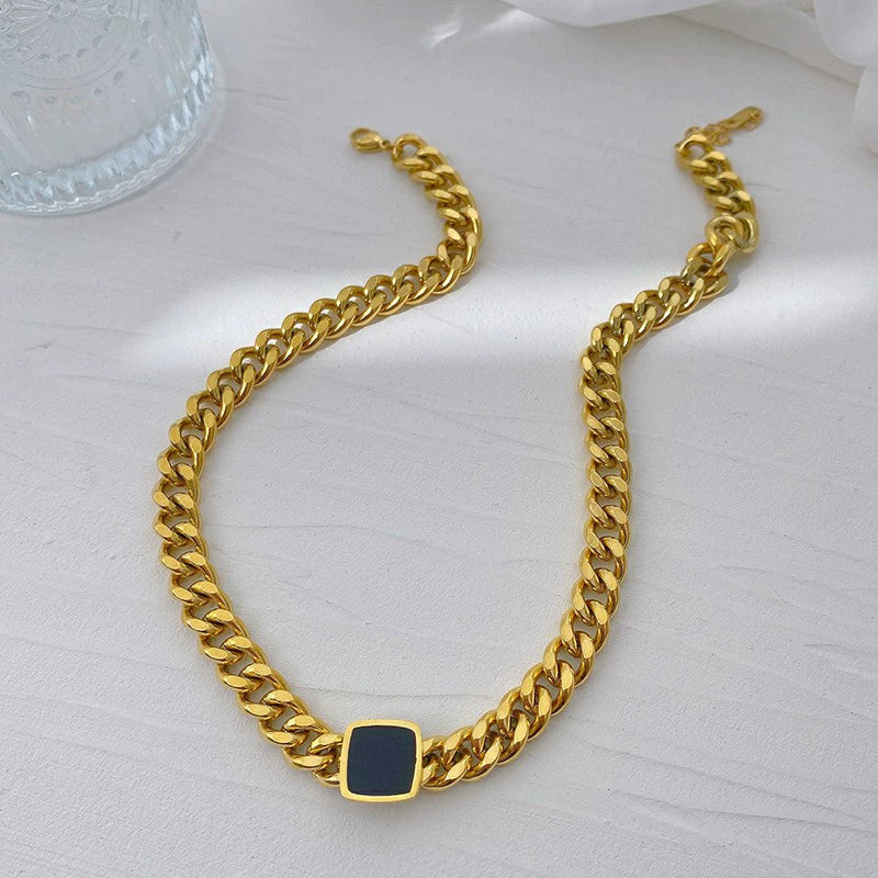 Chunky Cuban Link Necklace with Black Pendant – Bold Statement Jewelry jltn0577 Just Lil Things