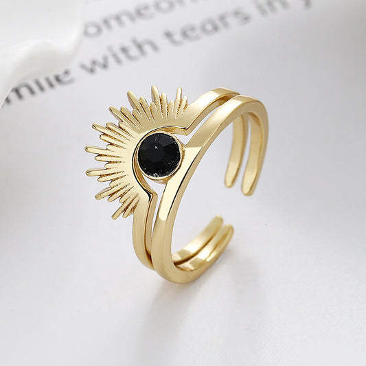 Artificial Golden Sunburst Adjustable Ring with Black Stone jltr0221 Just Lil Things