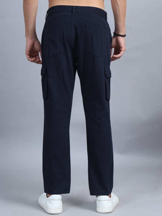 Men's Navy Blue Regular Fit Solid Cotton Cargo Trousers