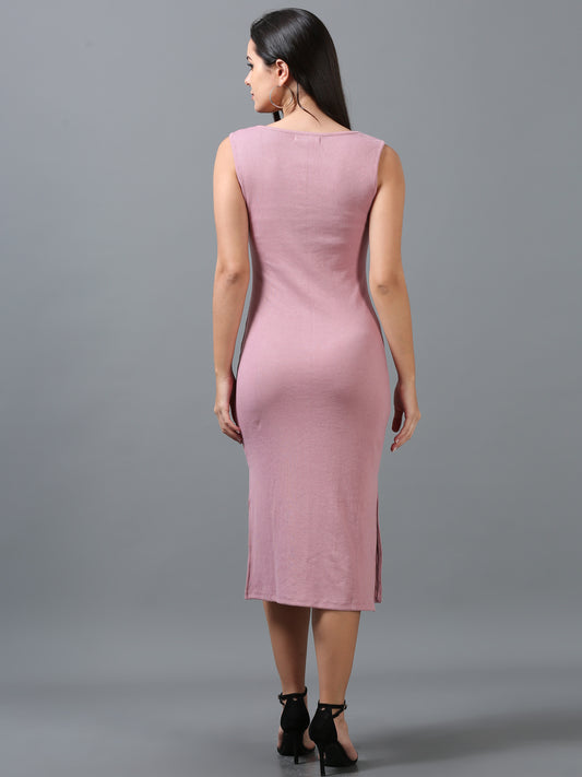 Women's Pink Solid Knitted Midi Sheath Sleeveless Dress