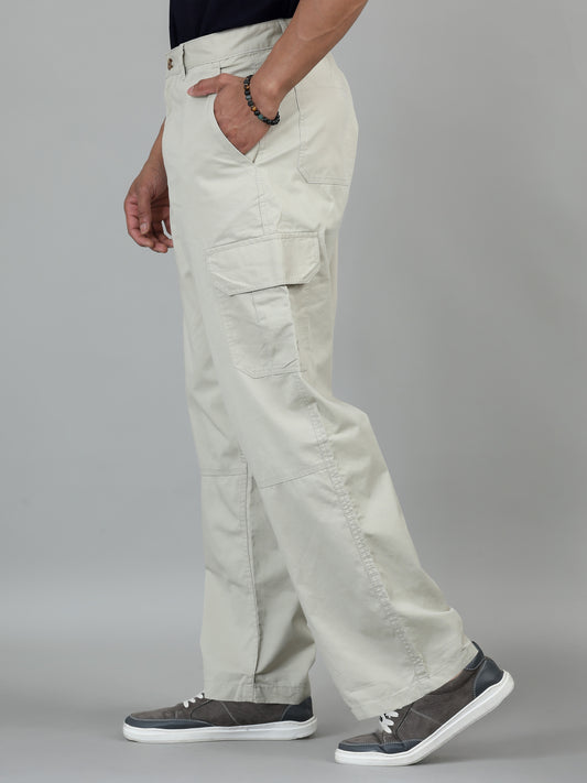 Men's Beige Baggy Fit Solid Cotton Cargo Trousers