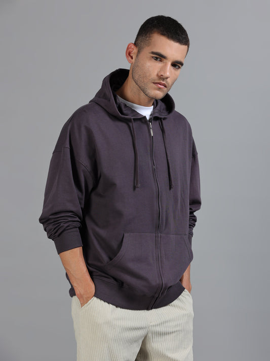 Men's Grey Graphic Print Oversized Hooded Sweatshirt