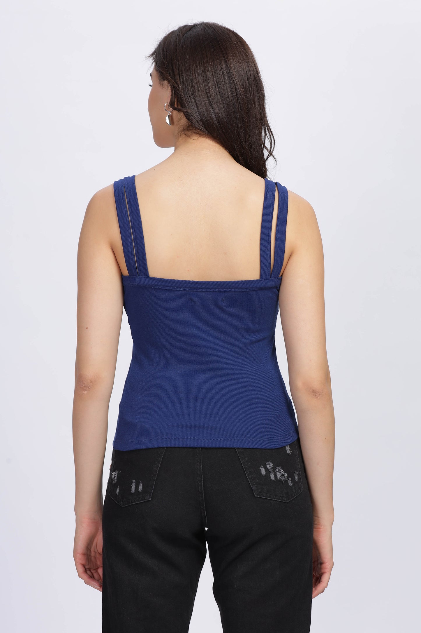 Women's Blue Solid Knitted Sleeveless Crop Top