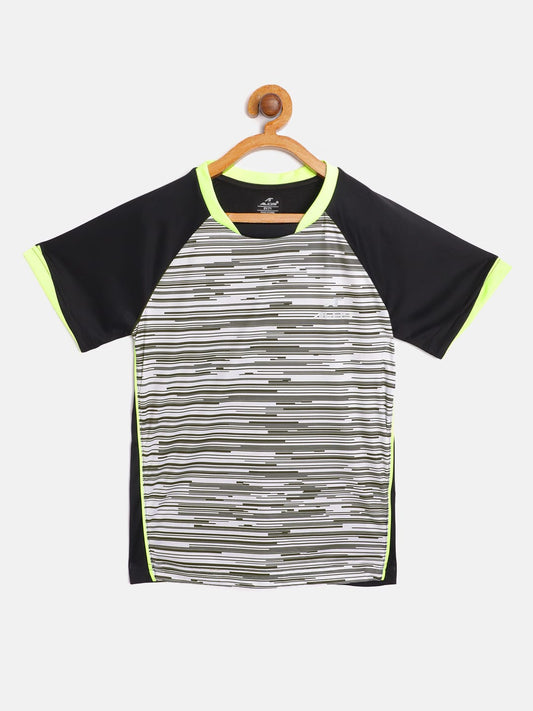 Alcis Boys Black  White Striped Round Neck Antimicrobial Sustainable T-shirt
