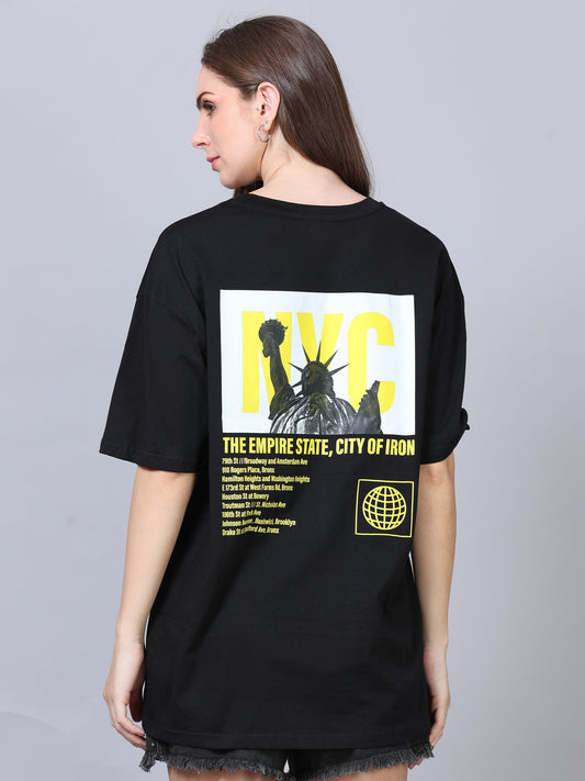 Women's Black Graphic Knitted Oversized T-Shirt