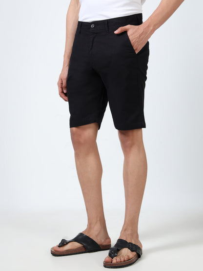 Men's Black Regular Fit Solid Linen Shorts
