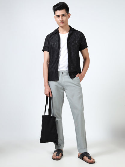Men's Grey Regular Fit Solid Linen Trousers