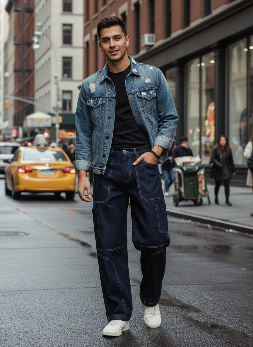 Men's Raw Contrast Stitch Straight Fit Jeans B5IVE