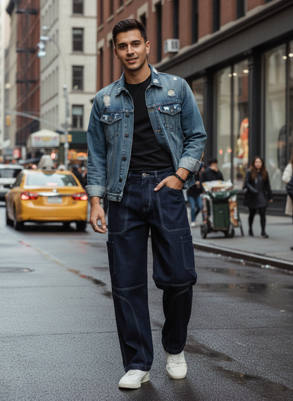Men's Raw Contrast Stitch Straight Fit Jeans B5IVE