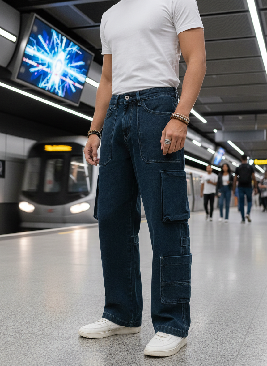 Men's Midnight Indigo Cargo Straight Fit Jeans B5IVE