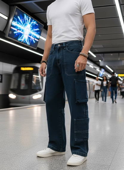 Men's Midnight Indigo Cargo Straight Fit Jeans B5IVE