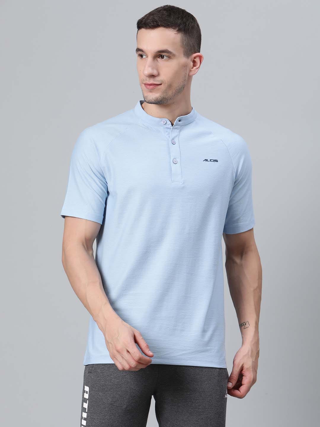 Alcis Men Blue Solid Mandarin Collar T-shirt