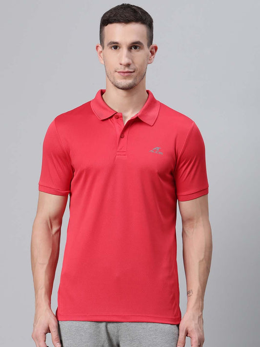 Alcis Men Coral Red Solid Polo Collar Badminton T-shirt